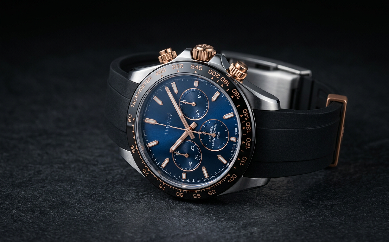 An AVANTÉ chronograph on a dark stone surface under a single warm light
