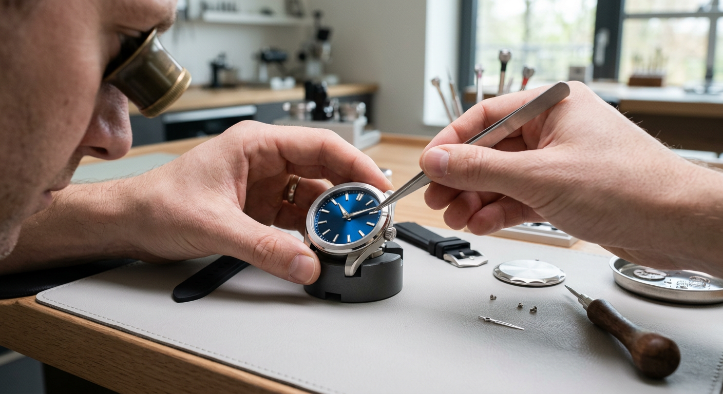 A watchmaker's bench with loupe, tweezers and an open movement